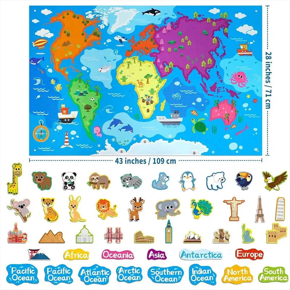Juego educativo interactivo de mapa mundial en fieltro para niños – 45 piezas